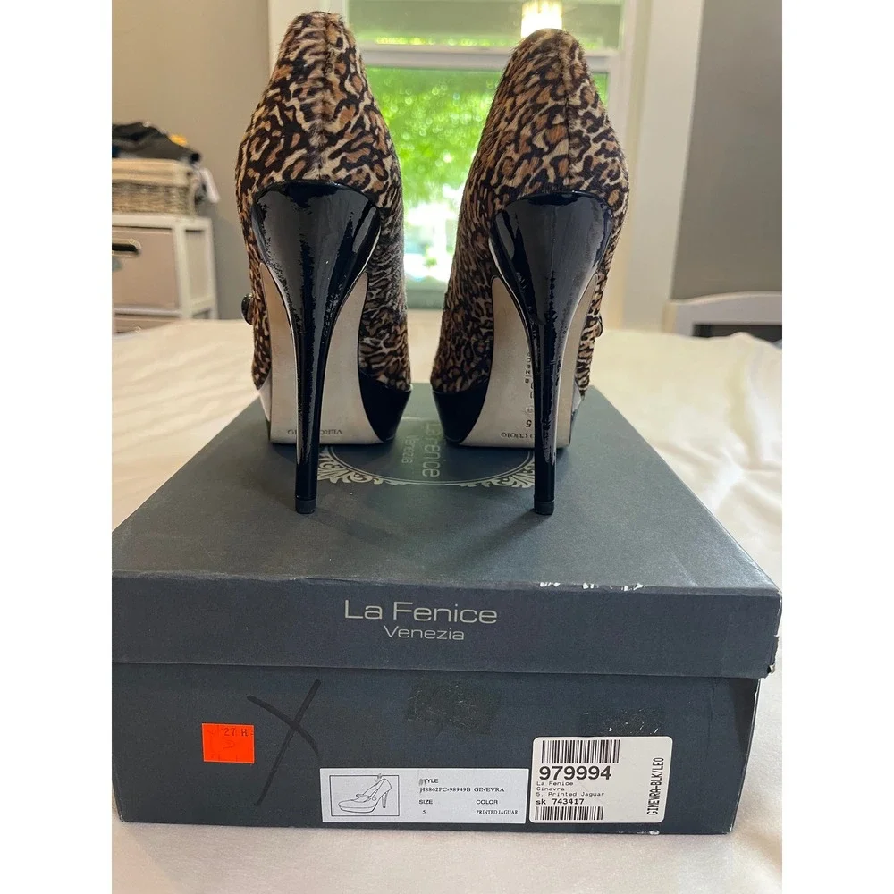 La Fenice Venezia Ginevra Leopard Calf Hair Platform Mary Jane Pumps Heels 5